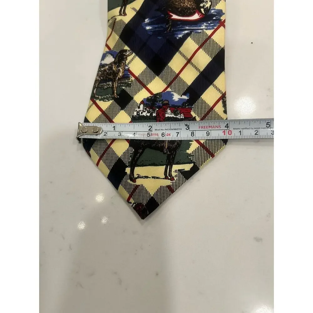 Italian Men’s Silk Tie‎ 4” Yellow Plaid Equestrian Duck Hunting Bird Dog Desire